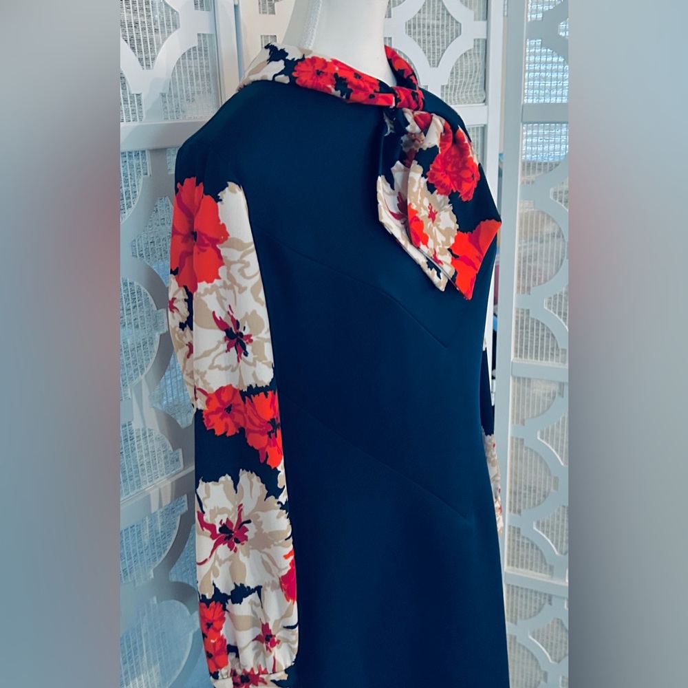 Vintage Navy Blue Dress Red Flowers 70s A Line Polyester 60s 1970s - Picture 14 of 15